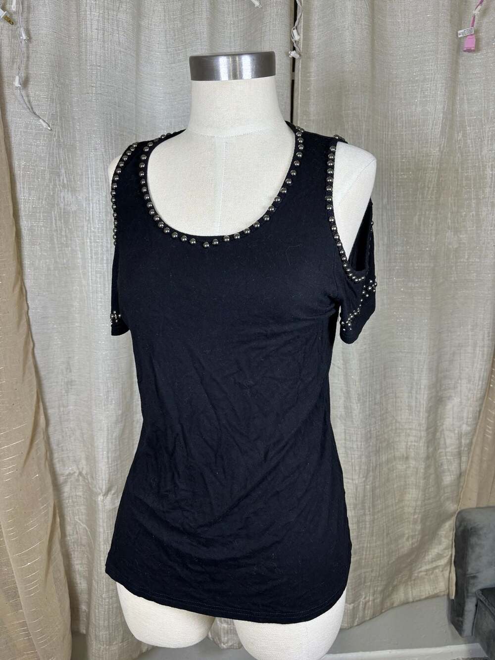 Vocal USA Women's Black Cold Shoulder Embellished Stud Top Size S